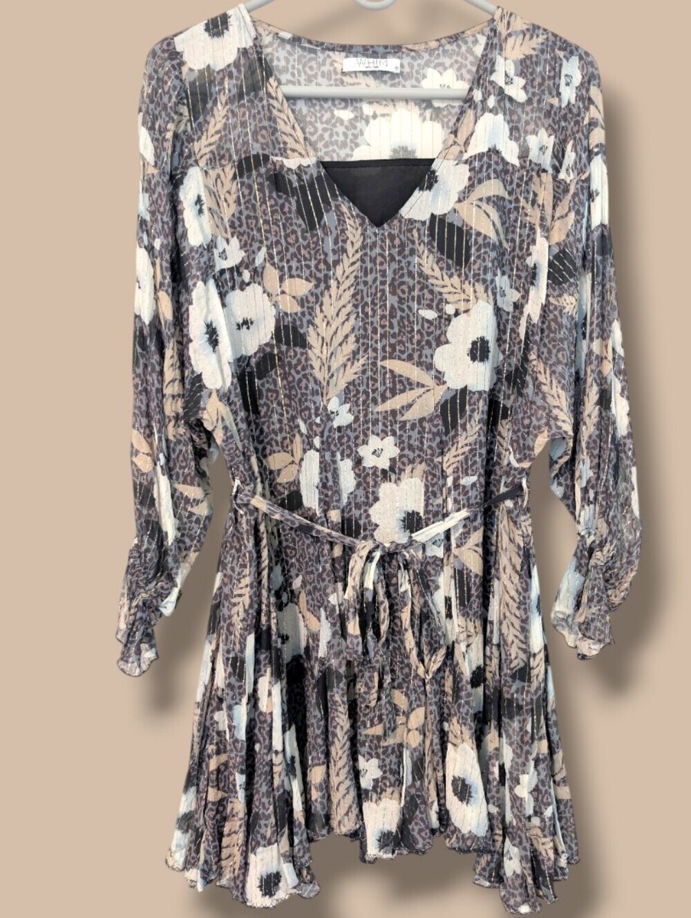 Whim Purple Metallic Floral Leopard Chiffon Flutter Sleeve Ruffle Mini Dress